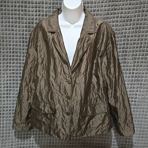 Brown Lightweight Silk Blazer Jacket Chicos3 SzXL Brass Buttons Boho Chic Casual